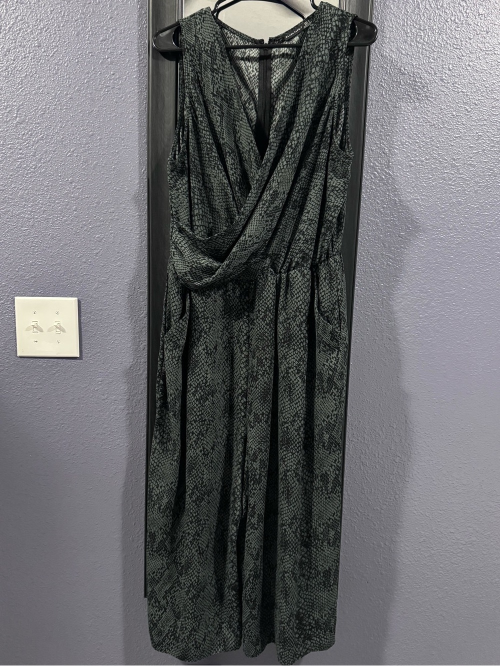 Sleeveless Dark Green Snake-Print Wrap Wide Leg Jumpsuit